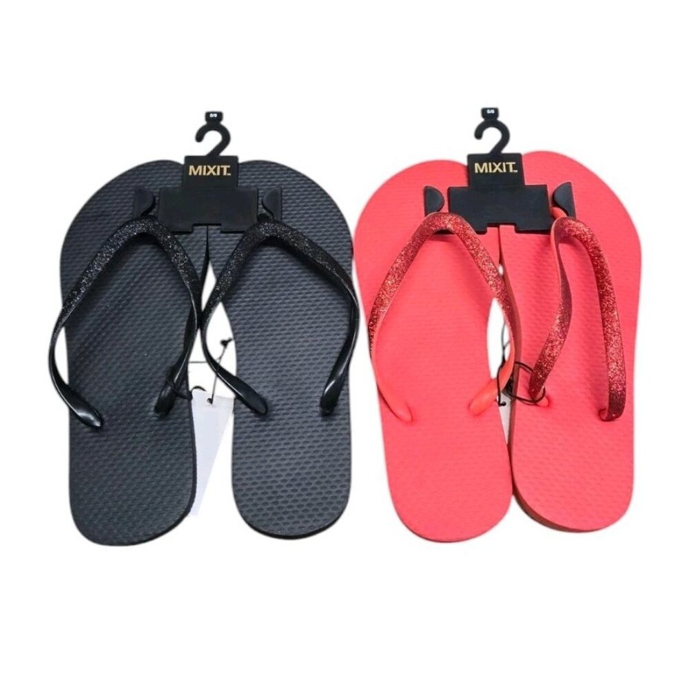 Lot Of 2 Pairs Mixit Flip Flops Womens 5/6 Red Glitter Black Glitter Sandal